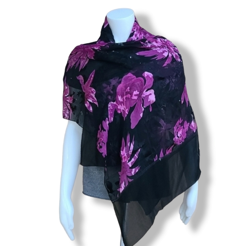 EGYPT Black Purple Floral Rectangular Scarf Semi Sheer Burnout Wrap Shayla Hijab - Picture 3 of 16